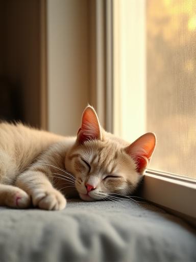 日当たりの良い窓辺で昼寝する猫