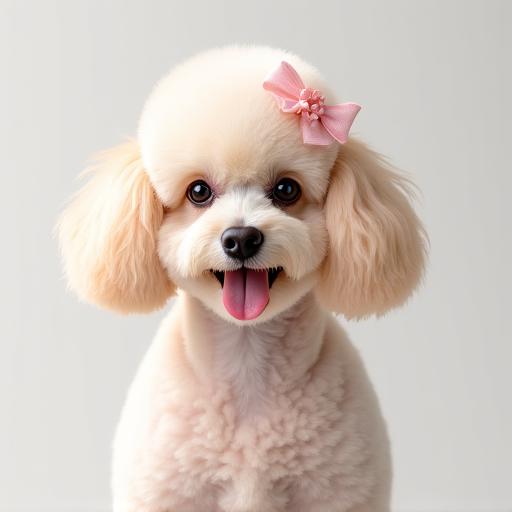 グルーミング後、リボンをつけて満足げなプードル