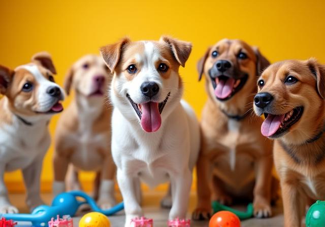 デイケアで仲良く遊ぶ犬のグループ