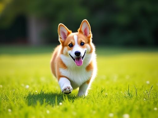 芝生の庭で楽しそうに走るコーギー