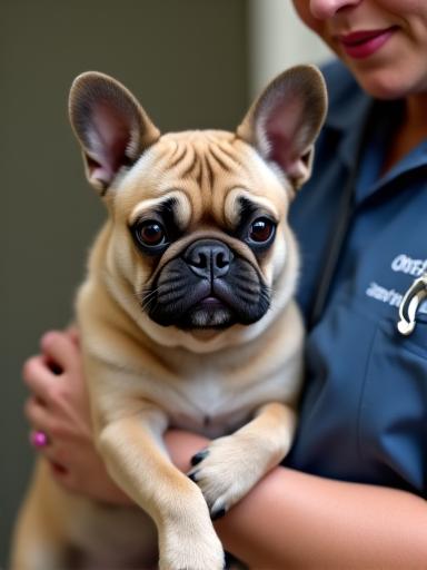 スタッフに抱きしめられるフレンチブルドッグ