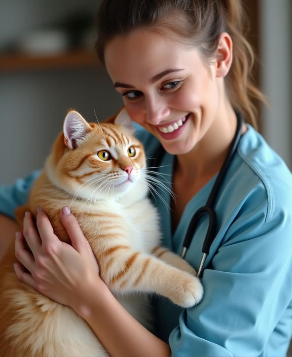 笑顔で猫を優しく撫でる女性スタッフ