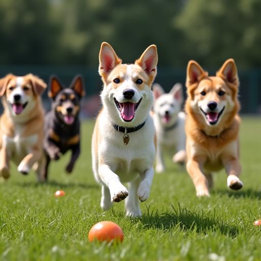ドッグランでボール遊びをする複数の犬たち