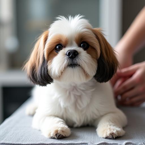 グルーミングテーブルの上で気持ちよさそうにしているシーズー
